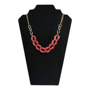 Gold Tone Metal & Red Enamel Painted Links Fashion Statement Necklace 21" Cable